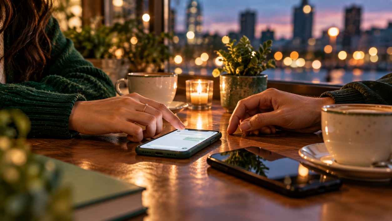 Two hands reaching across a cafe table with two phones and coffee, representing rd meaning in relationship texts