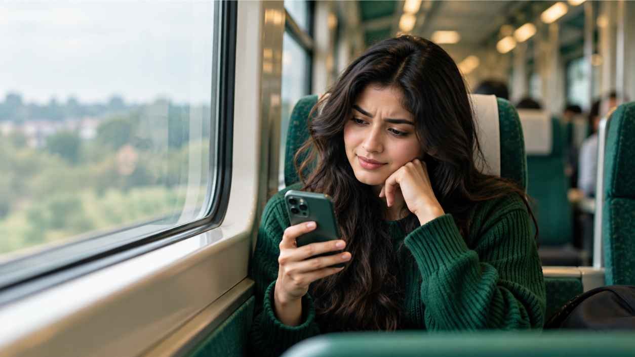 Commuter on a train smiling puzzled at a phone message, showing rd meaning in text confusion