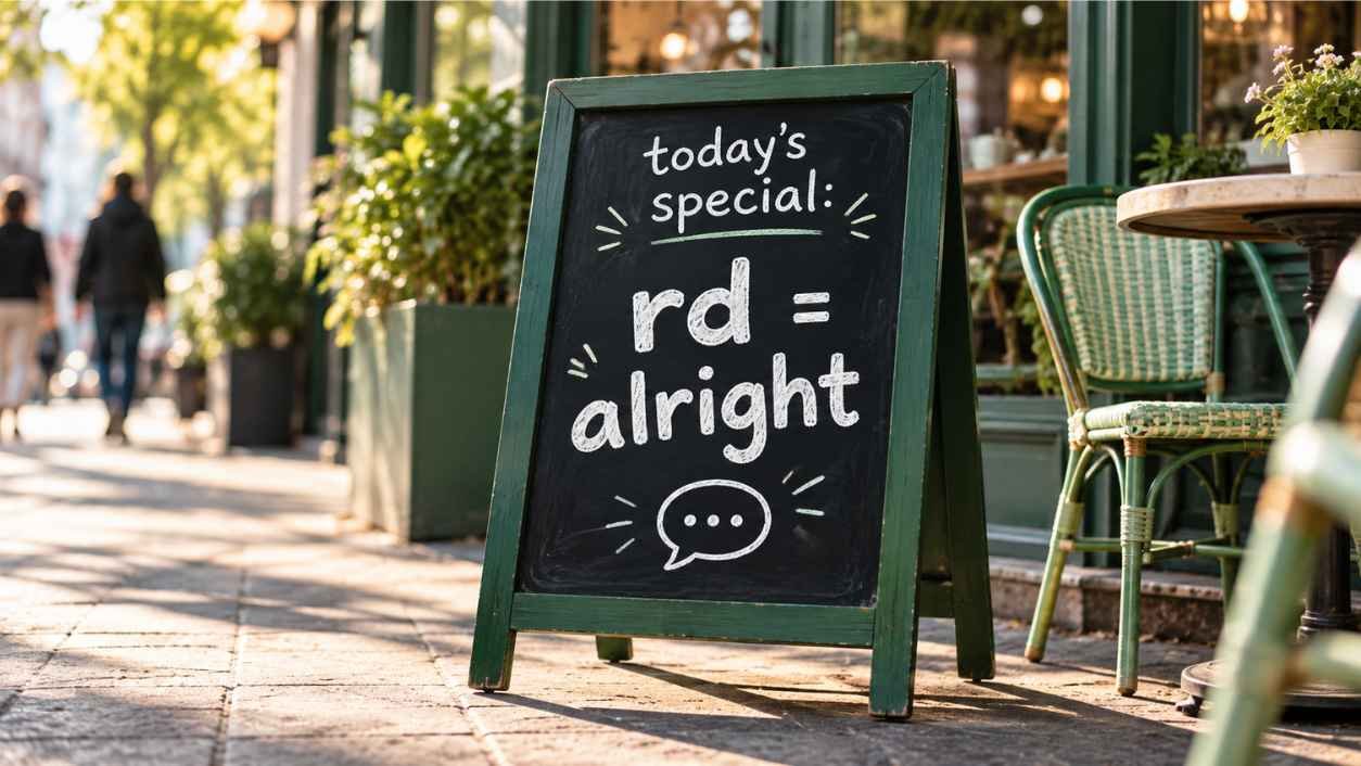 Cafe chalkboard sign reading today's special rd equals alright, a quick answer to rd meaning in text