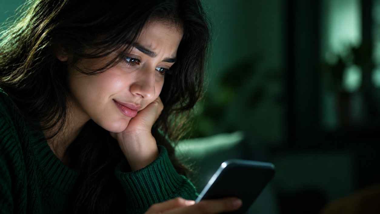 Side profile of a person lit by phone glow reading a short reply, showing the emotional tone of rd meaning text