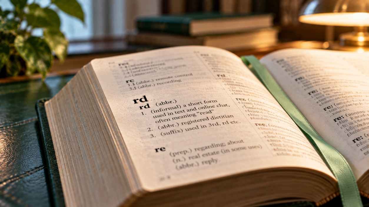 Open vintage dictionary with a mint bookmark and one bold entry reading rd, a slang dictionary look at rd meaning