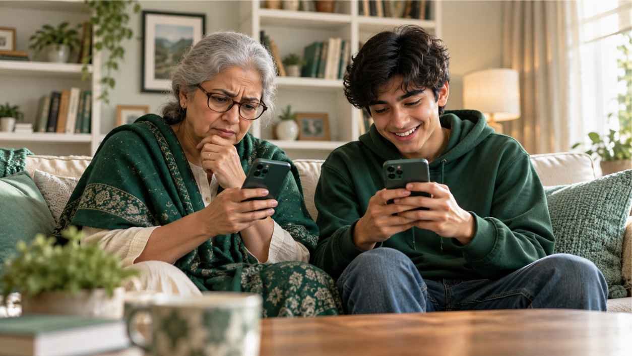 Grandmother and teenager on a sofa reading the same message, showing how generations read rd slang differently