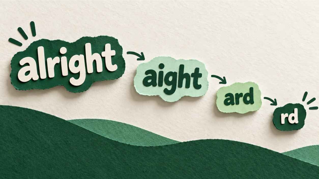 Paper cut words alright, aight, ard and rd shrinking left to right to show the origin of rd slang