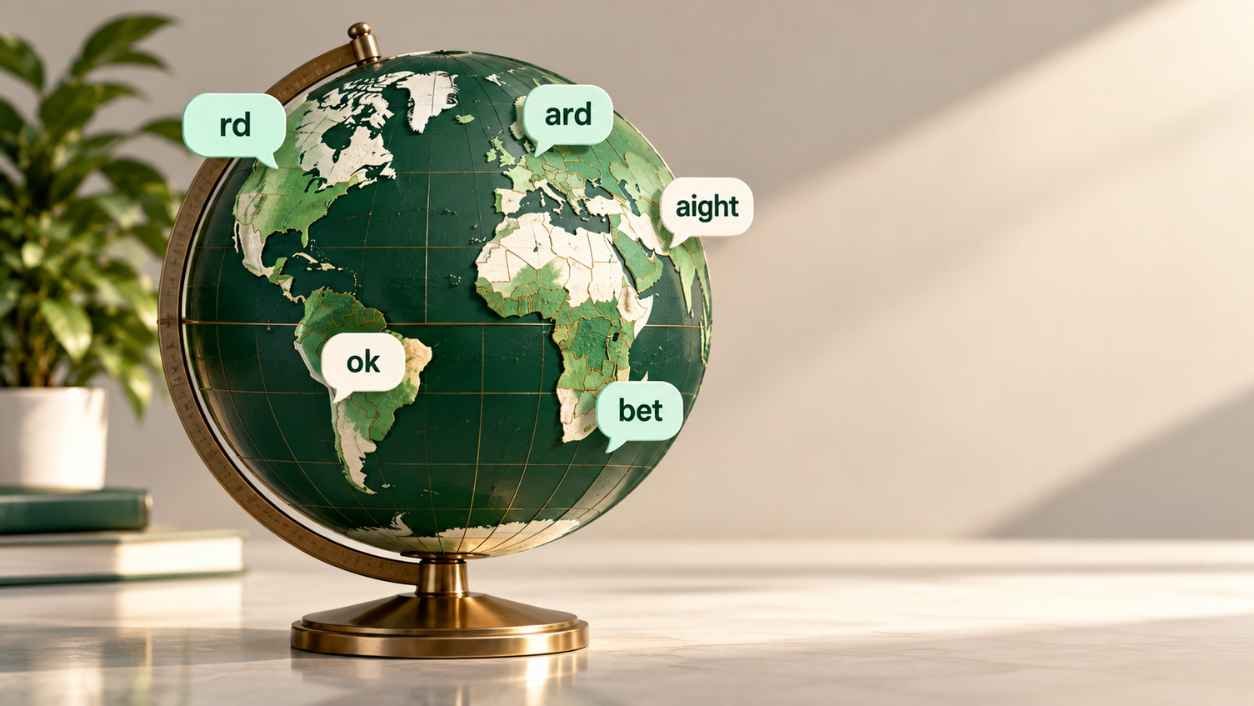 Green globe with five speech bubbles reading rd, ard, aight, ok and bet floating over continents