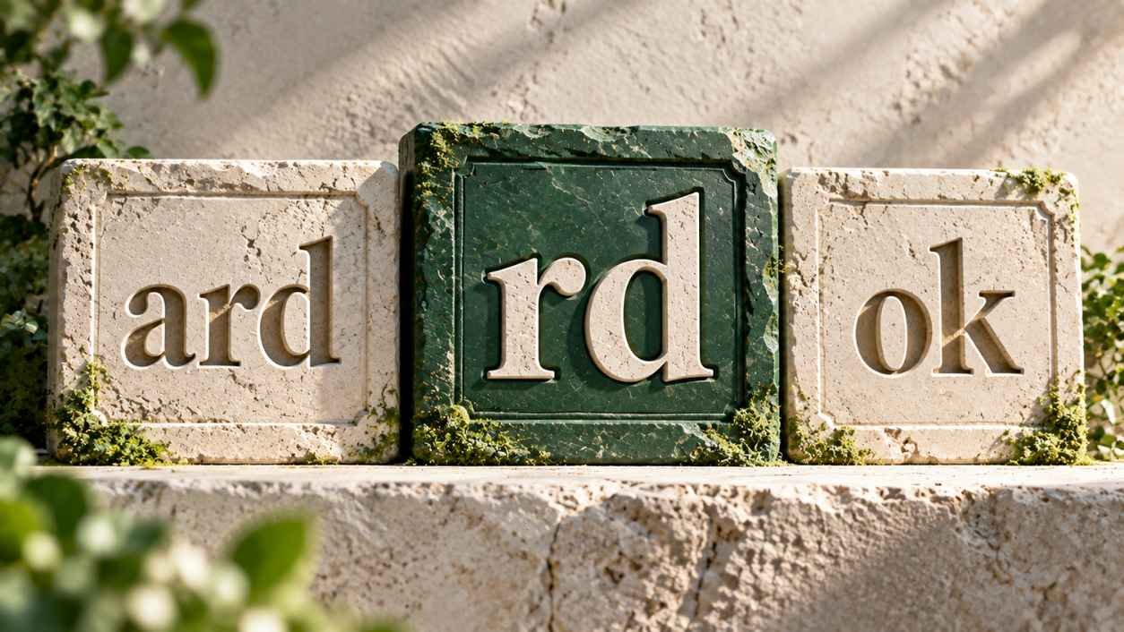 Three carved stone tablets reading ard, rd and ok, comparing rd slang with similar short replies