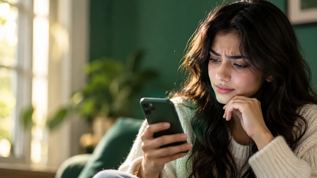 Close-up of a person in profile reading a phone with one raised eyebrow, lit by a window and the screen glow