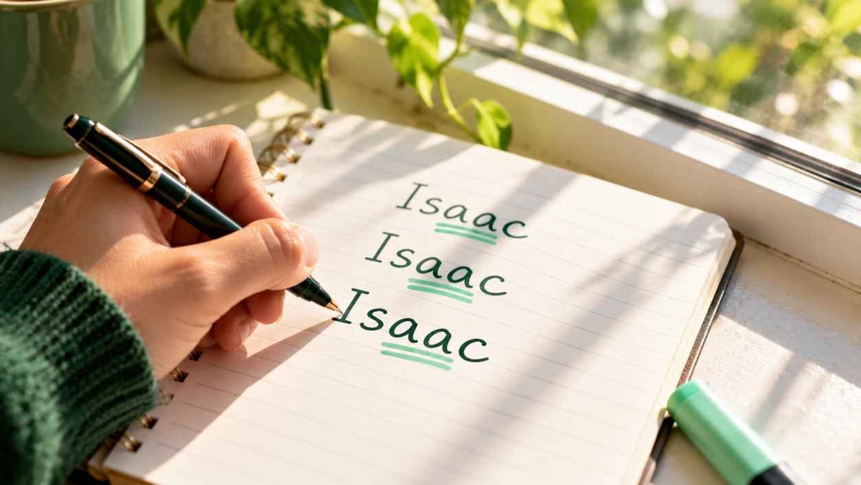 Notebook on a sunny windowsill with the word Isaac written three times and the two As in each underlined in mint highlighter