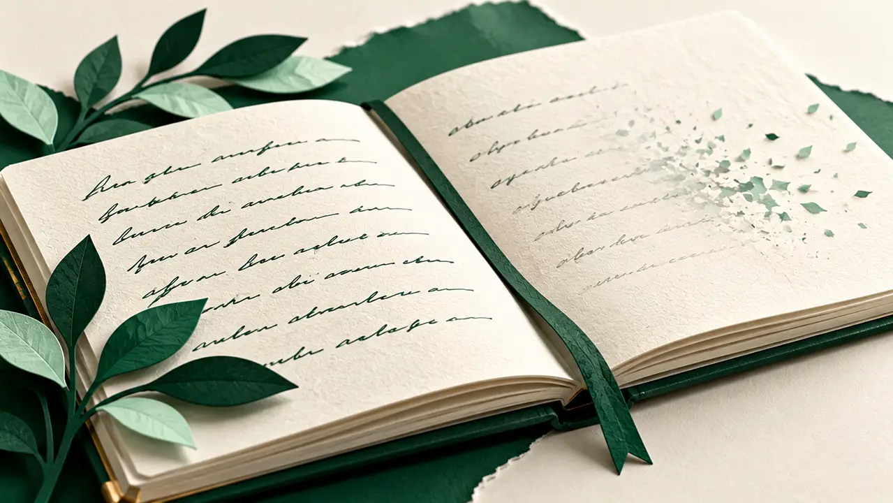 Open memory notebook with a fading ink mark and clear notes still visible.