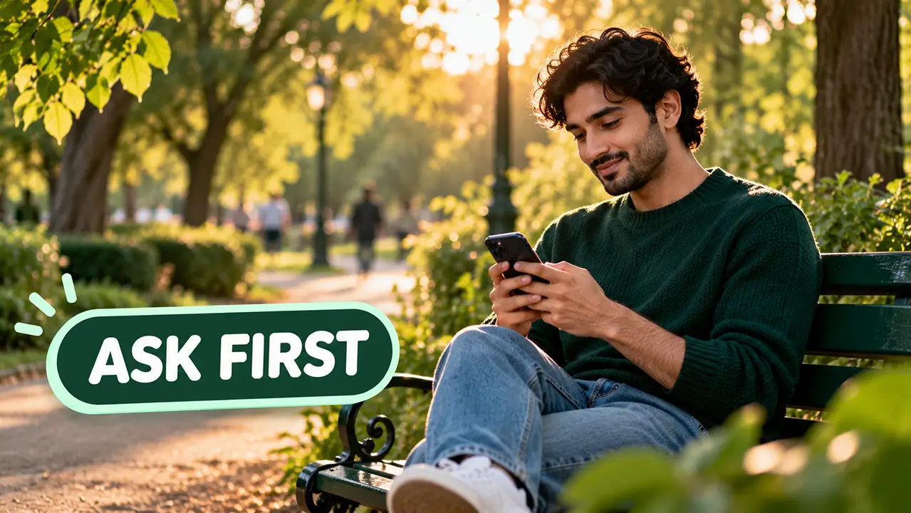 Person on a park bench typing a calm reply to an unclear EMP text from a girl