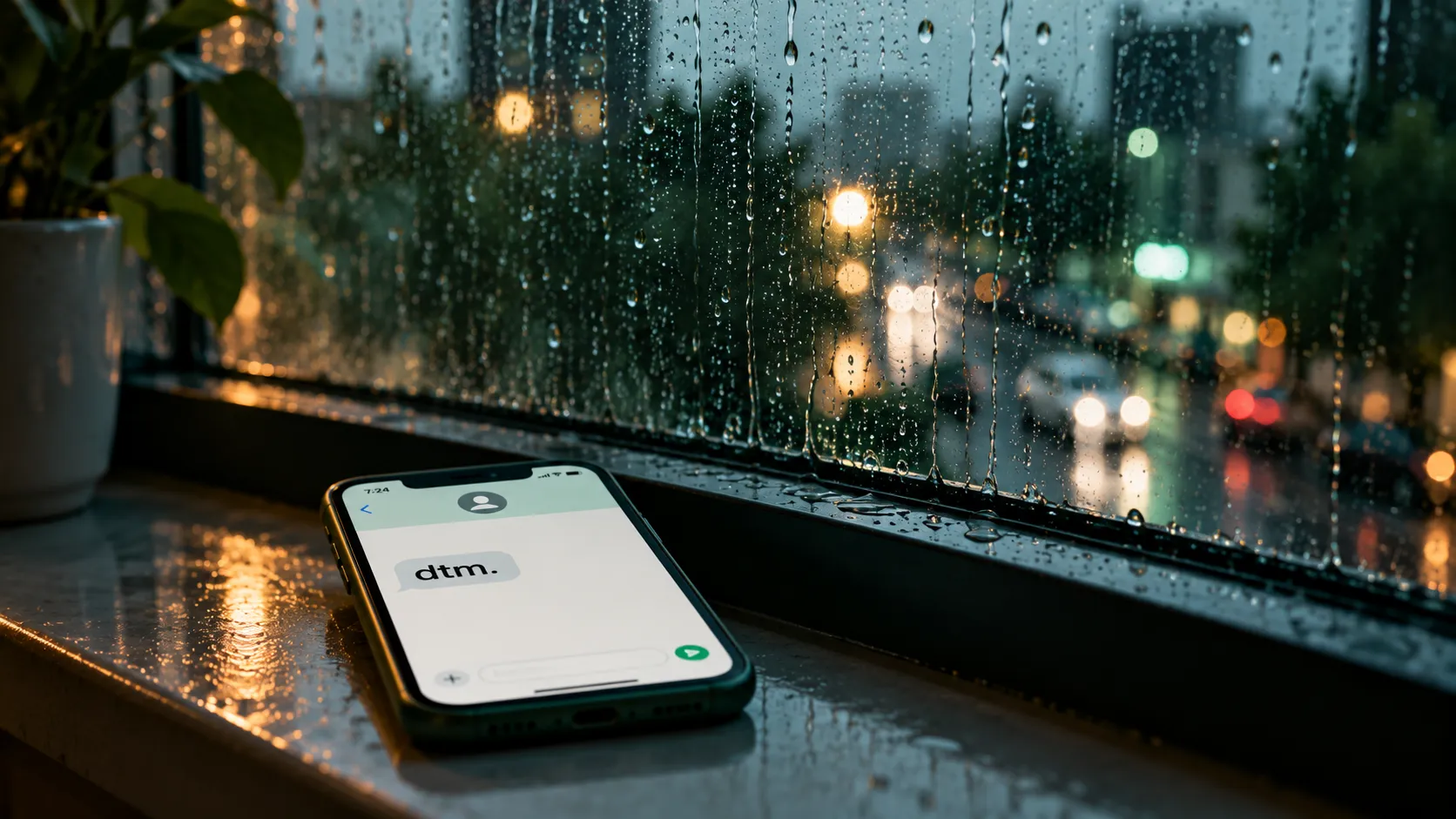 Lit phone on a rain-streaked window sill showing one short message, with a blurred dark green street behind