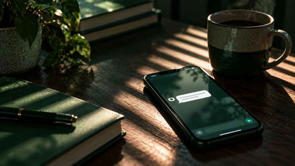 Phone glowing on a dark table under window blind shadows, showing a hidden or risky rd meaning in a text