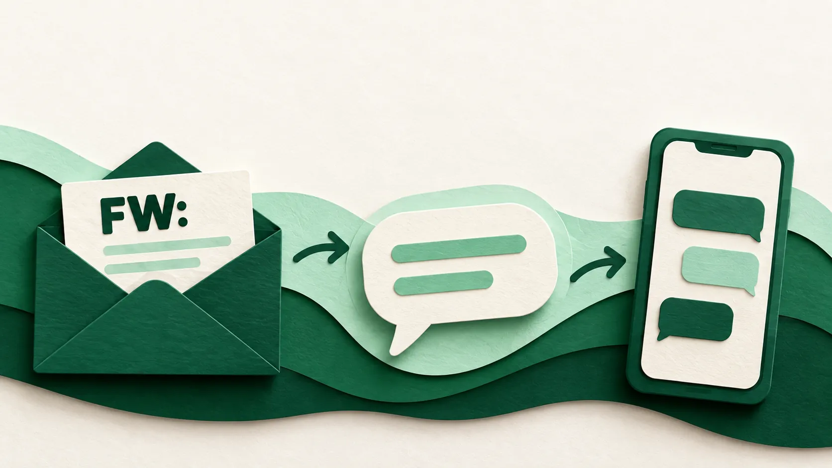 Layered paper cut scene of an envelope on the left changing into a speech bubble and phone on the right