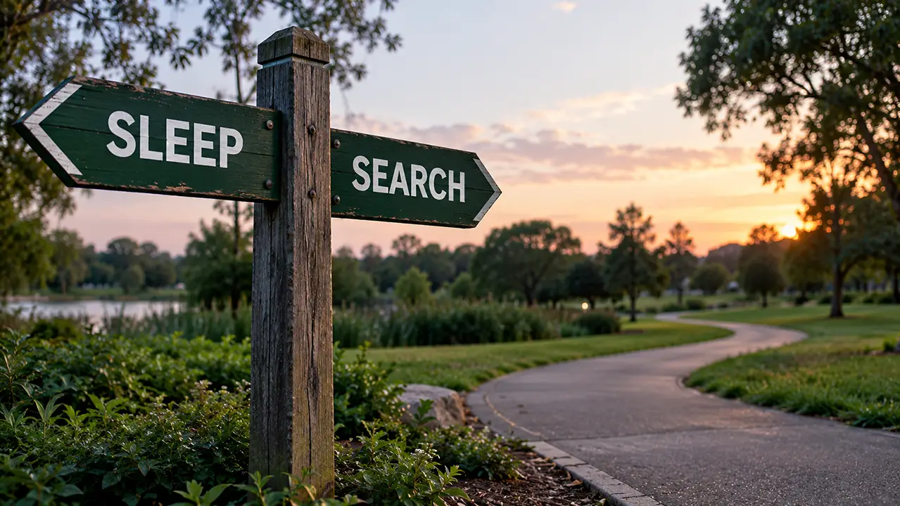 Wooden signpost with separate arrows labeled sleep and search in a park at dusk.