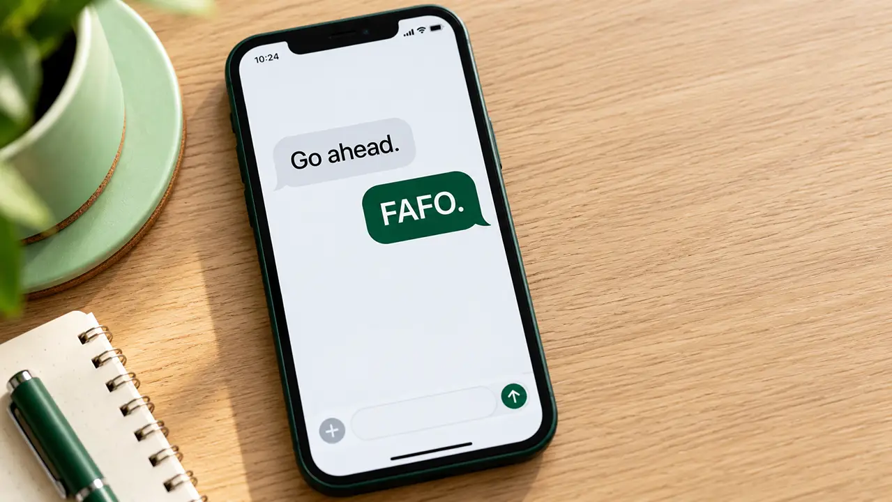 Top-down smartphone showing a short dare message followed by a one-word capitalized reply