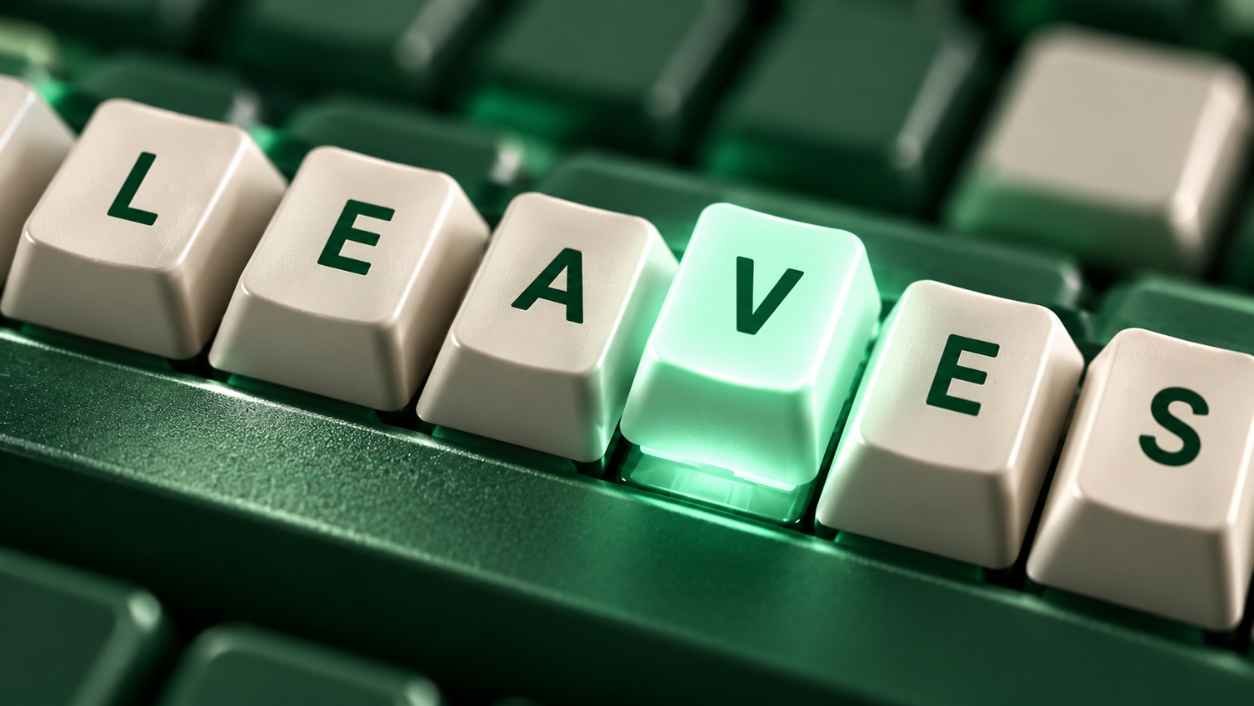 Close-up of keyboard keys spelling LEAVES with the V key glowing mint
