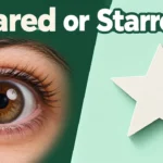 Wide-eyed face on the left and a gold star on the right with the words Stared or Starred on a green background