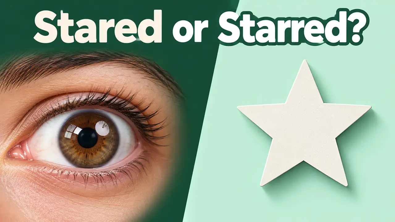 Wide-eyed face on the left and a gold star on the right with the words Stared or Starred on a green background