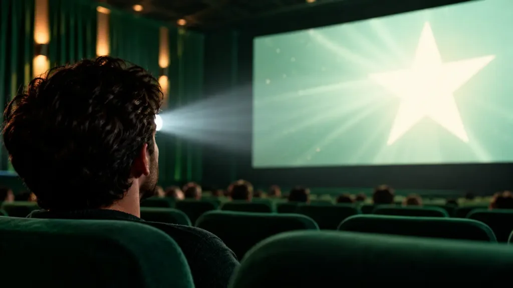 Viewer in a dark cinema seat looking up at a screen with a star-shaped light beam above their head