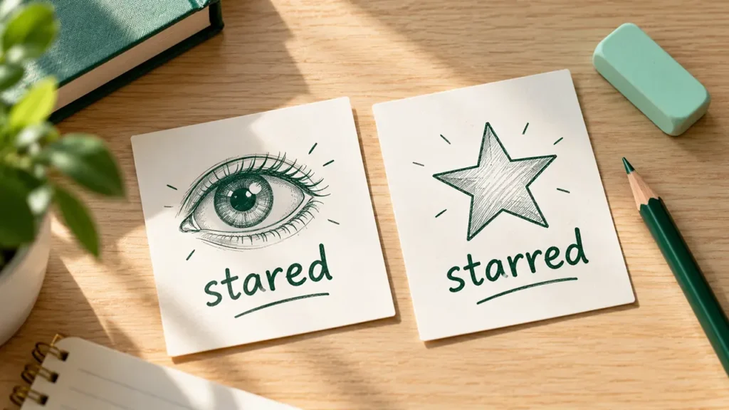 Two index cards on a wooden table, one with an eye sketch and one with a star, labeled stared and starred