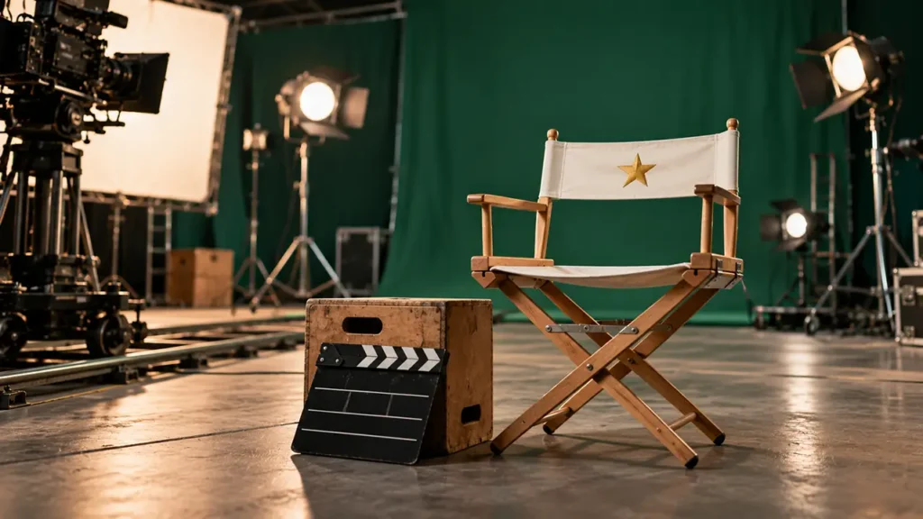 Film clapperboard and director’s chair on a set with a gold star on the chair back