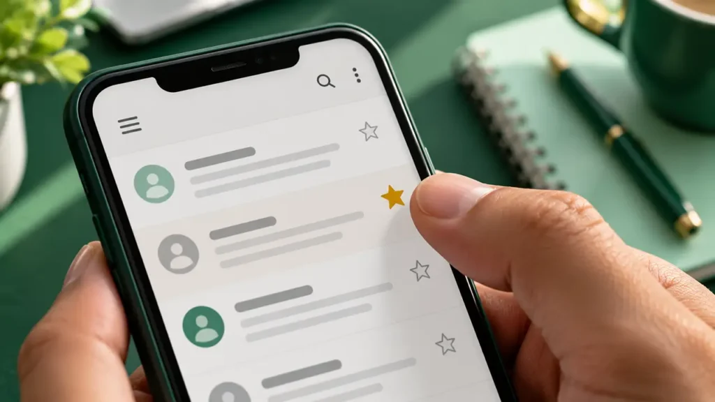 Hand holding a phone showing an email inbox with one message marked by a yellow star