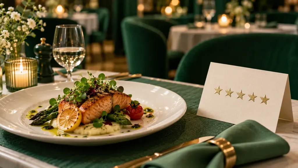 Elegant plated dish on a white table with a small row of stars on a menu card beside it