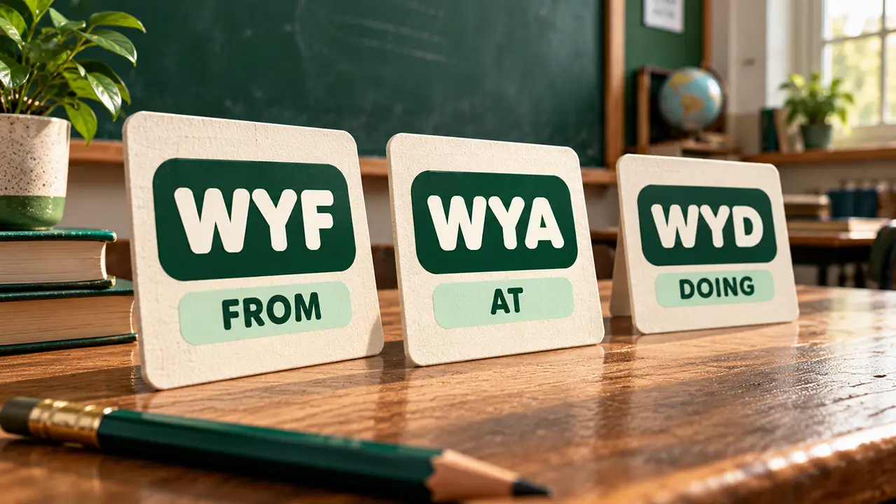 Three lettered cards on a classroom desk comparing abbreviations that ask about origin, current location, and activity