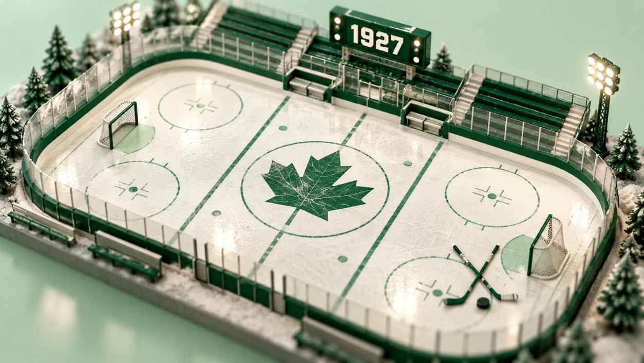 Miniature isometric ice hockey rink with a maple leaf at center ice and a 1927 scoreboard