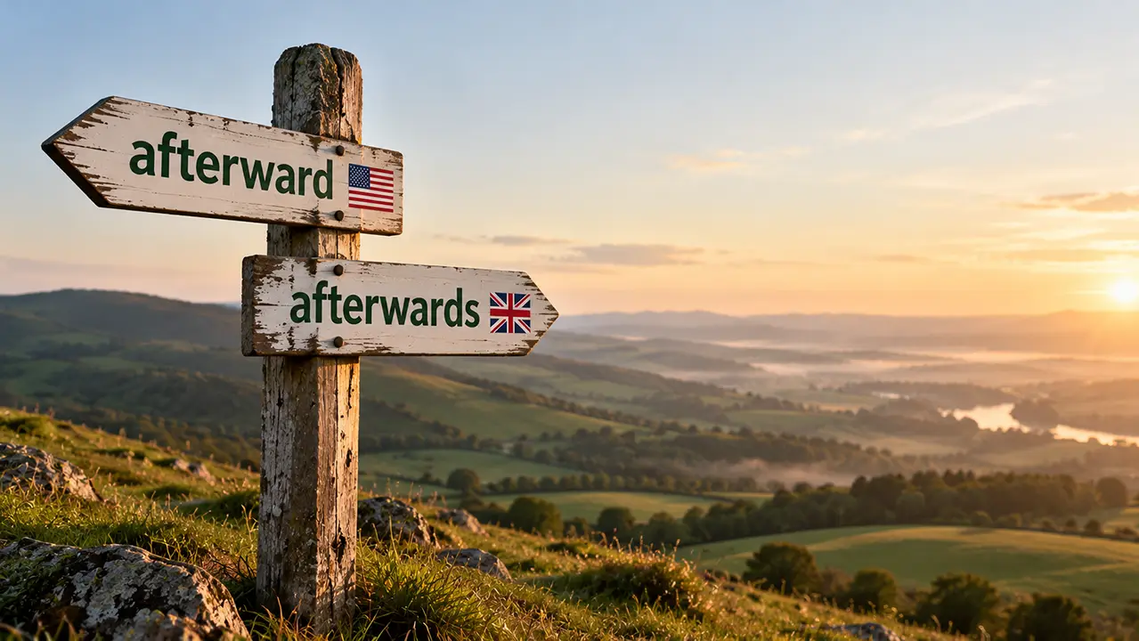 Wooden signpost on a green hillside with one arrow pointing to afterward and another to afterwards