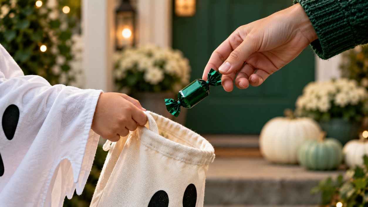 Close-up of an adult hand dropping a green wrapped candy into a child's open cloth bag held at porch level