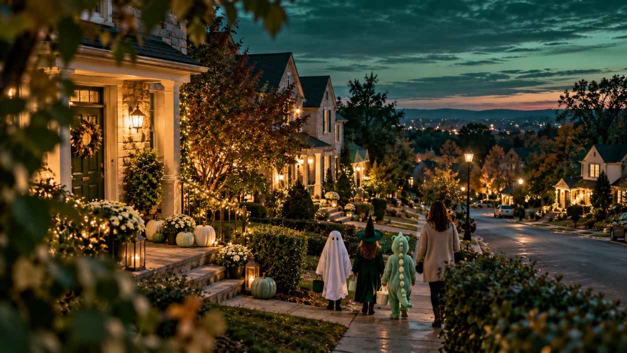 Elevated view of a quiet suburban street at dusk with small costumed children walking between porches lit by string lights
