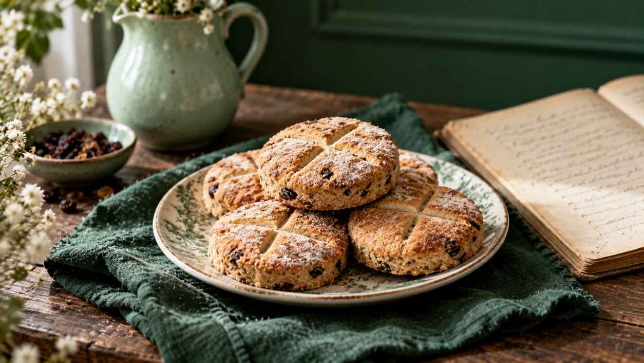 Small round spiced soul cakes on a dark wooden table beside a forest green linen cloth and an old handwritten ledger