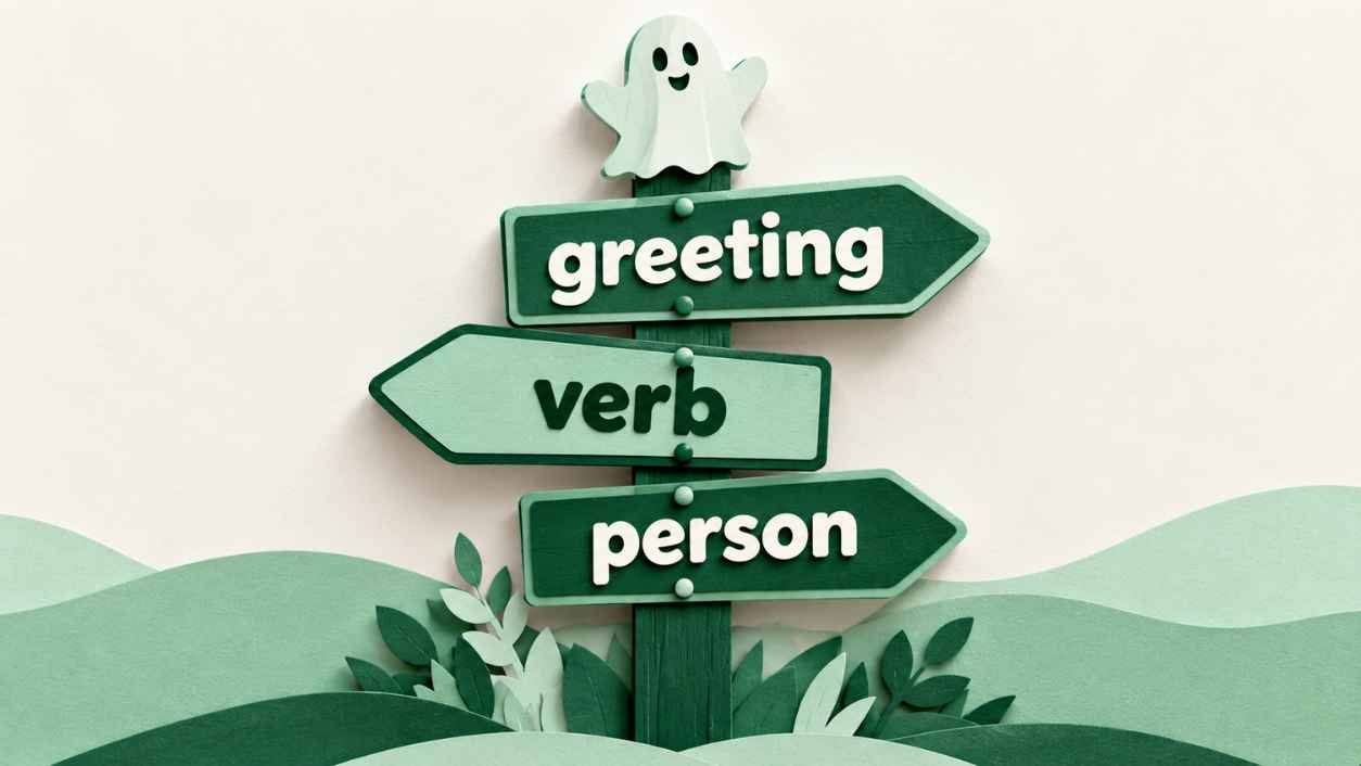 Layered paper cut signpost with three arrows labeled greeting, verb and person pointing to different spelling forms