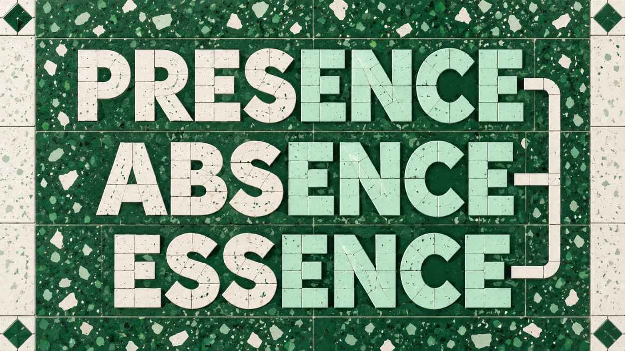 Terrazzo tile mosaic of presence, absence, and essence with the shared ence ending in mint