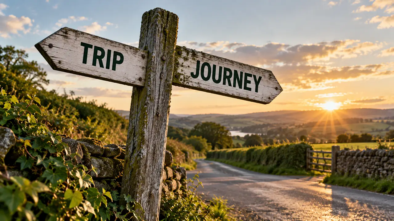Wooden fingerpost at a country crossroads with one arm reading TRIP and one reading JOURNEY