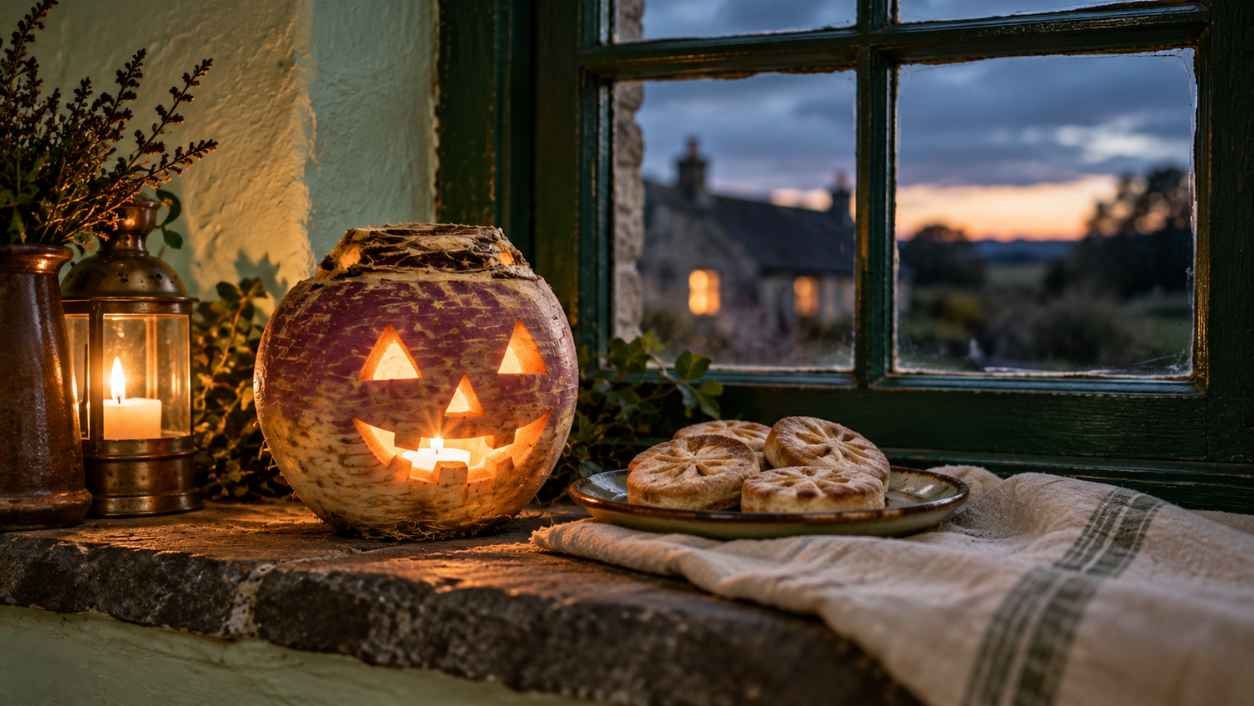 Carved turnip lantern glowing on a stone cottage windowsill next to small soul cakes on a linen cloth.