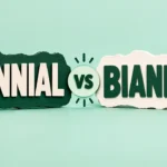 Two paper-cut word blocks reading BIENNIAL and BIANNUAL facing each other on a mint background