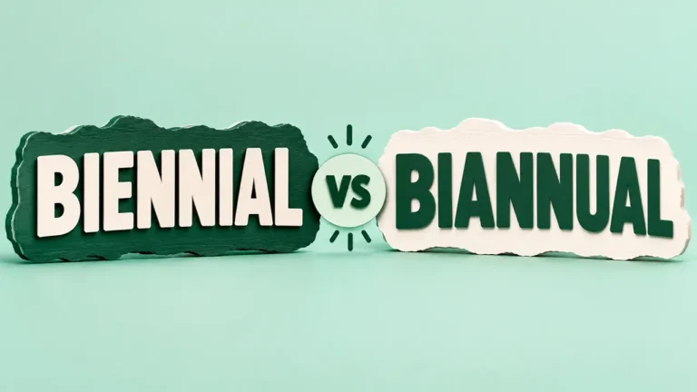 Two paper-cut word blocks reading BIENNIAL and BIANNUAL facing each other on a mint background