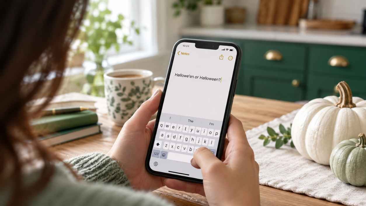 Person's hand typing Hallowe'en on a phone beside a white pumpkin and a pale green gourd on a kitchen table.