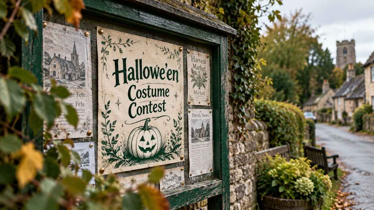 Wooden village notice board with a hand-lettered Hallowe'en costume contest poster pinned among other notices.