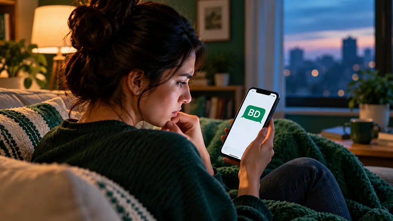 Person on a sofa at dusk frowning at a phone message that reads BD