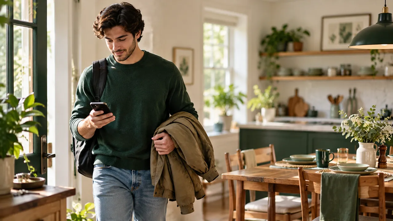 Young person grabbing a jacket in a kitchen while texting a friend a quick goodbye before dinner