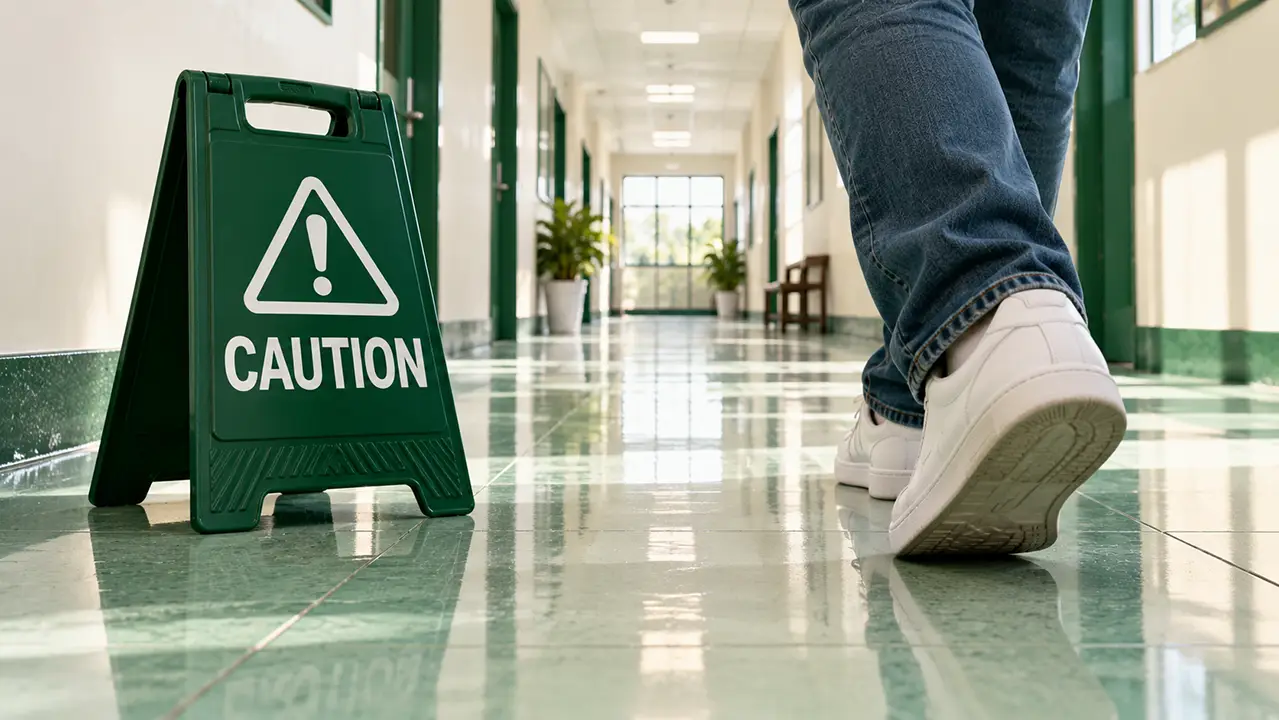 Sneaker mid-step past a green caution sign standing in a bright empty corridor
