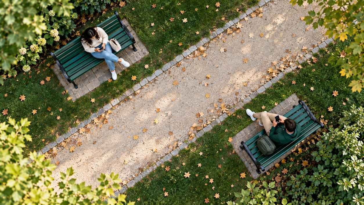 Aerial view of a girl and a boy on separate park benches each reading a phone, what rd means from a girl or boy