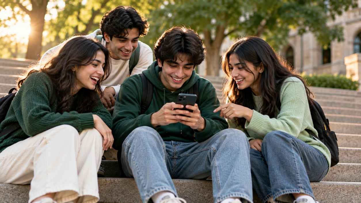 Four friends on campus steps with one typing in a group chat, a real example of rd meaning in chat