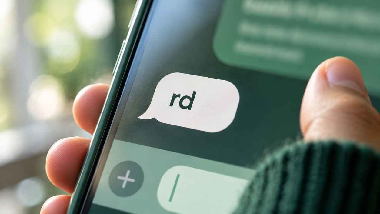 Close up of a phone screen with one chat bubble reading rd, showing what does rd mean in text