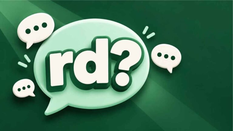 Large rd with a question mark in a mint speech bubble, asking what does rd mean in text