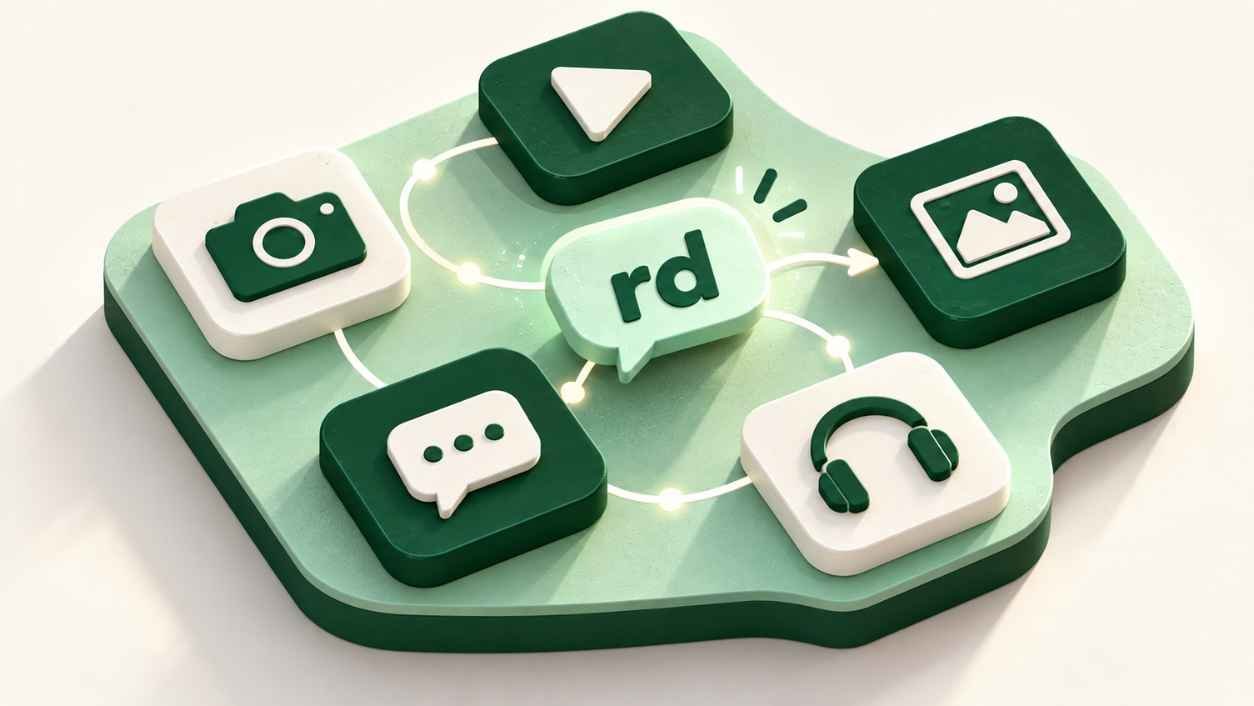 Isometric map of five generic app tiles with an rd bubble, showing rd meaning on Instagram, TikTok and Snapchat