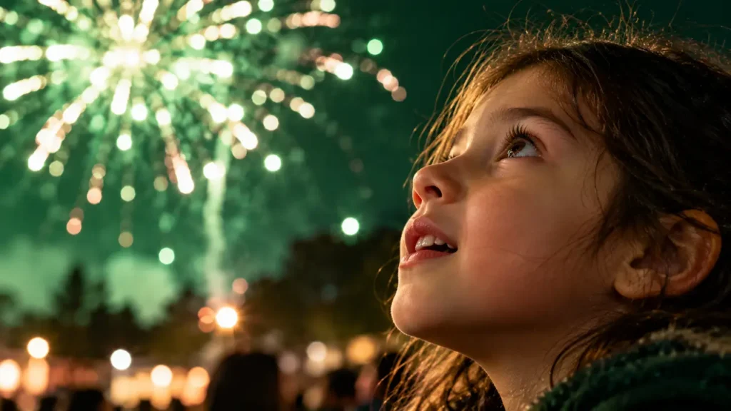 Close-up of a child’s face lit by fireworks, eyes wide and fixed upward in wonder