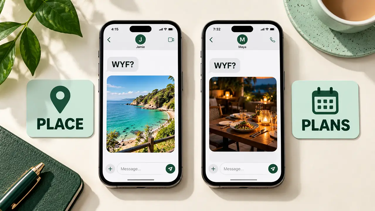 Two phones side by side showing what WYF means in text depending on context, a place question and a plans question